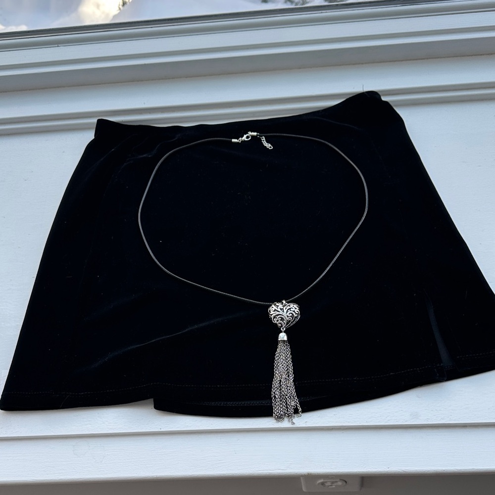 Motorcycle Silver Heart with fringe tassel hangs down, 28 inches leather cord.
